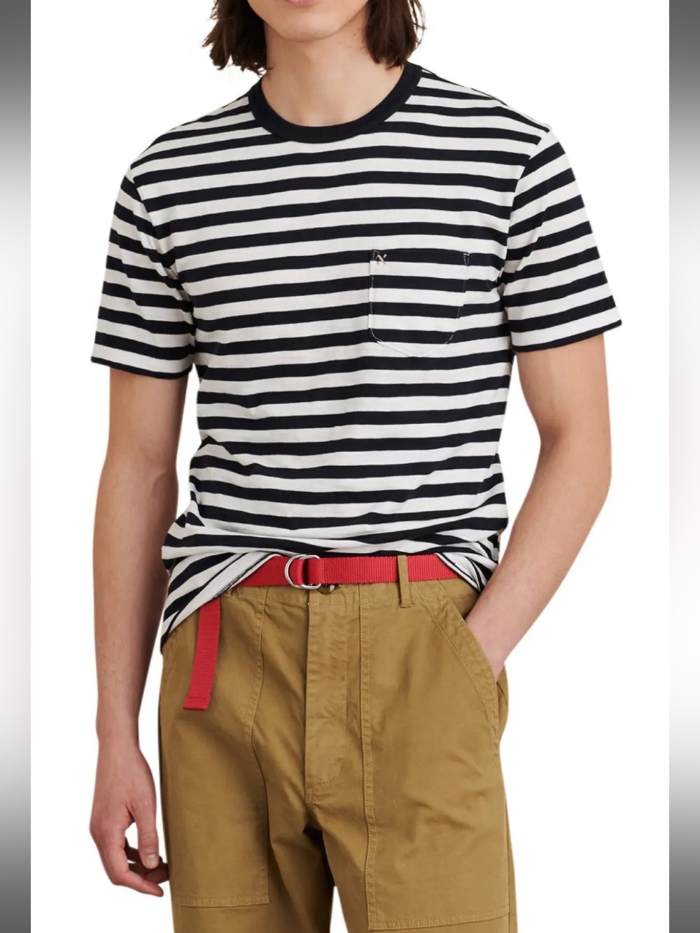 ALEX MILL Slub Stripe Tee - Navy/White Crew Short Sleeve Cotton Silent Luxury